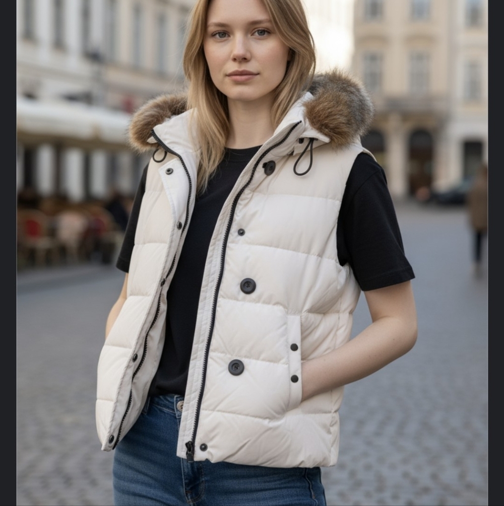 GAP White Down Vest with  Removable Faux Fur Trim.
